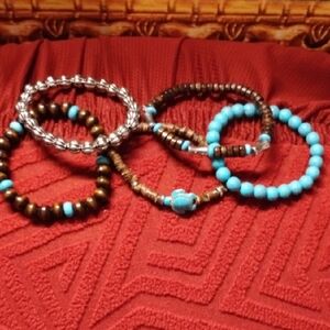 artisan made 5 piece Turquoise  turtle and Brown Beaded Bracelet Set